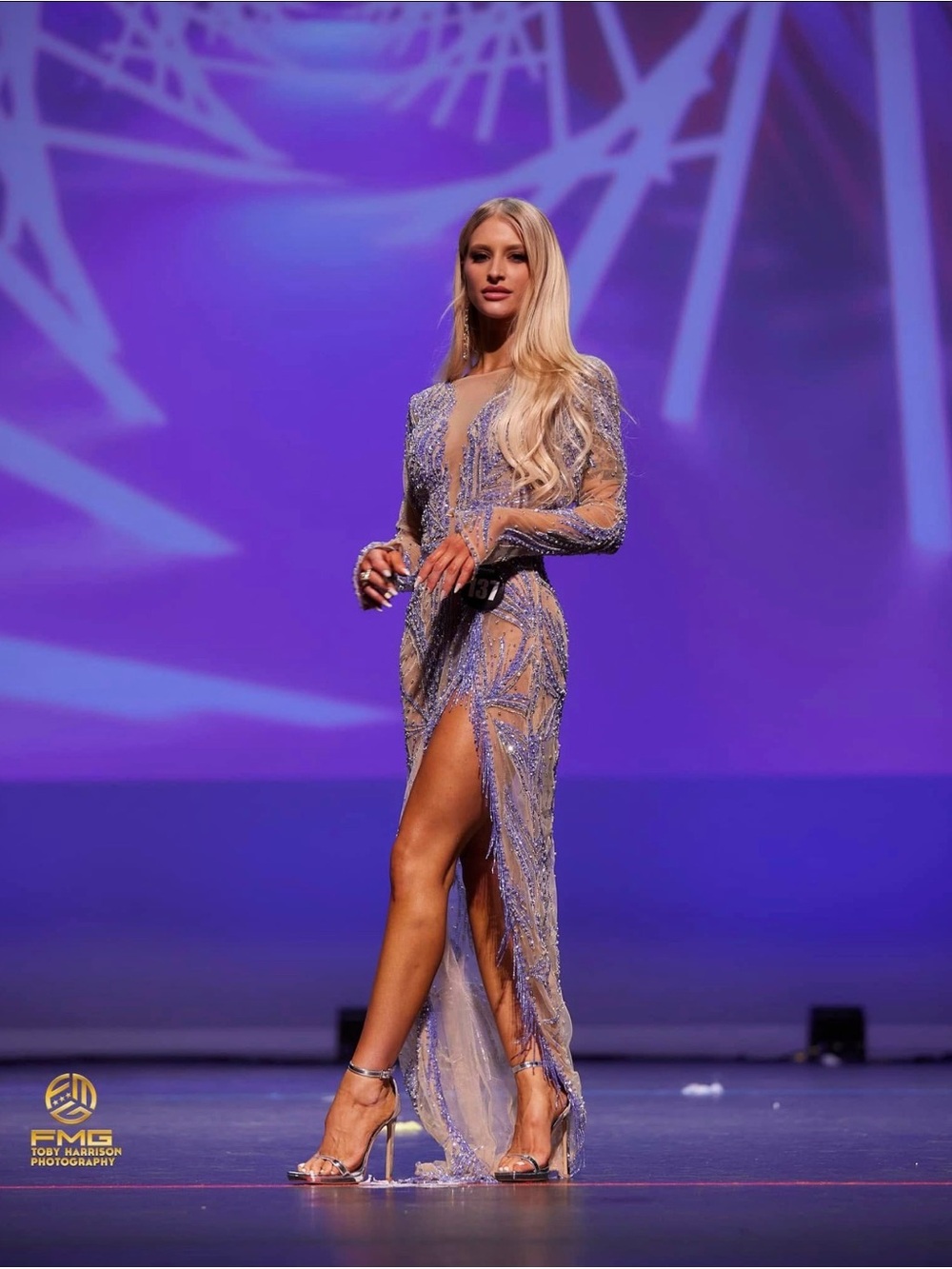 Embellished Lavender Long-Sleeve Evening Gown - Women Dresses
